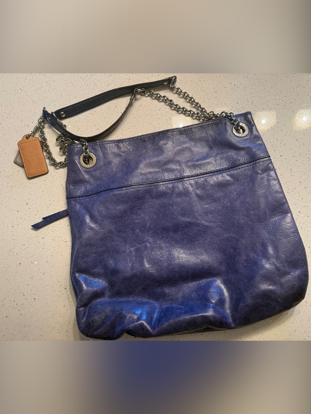 Coach Deep Blue Leather Shoulder Bag with Chain Strap